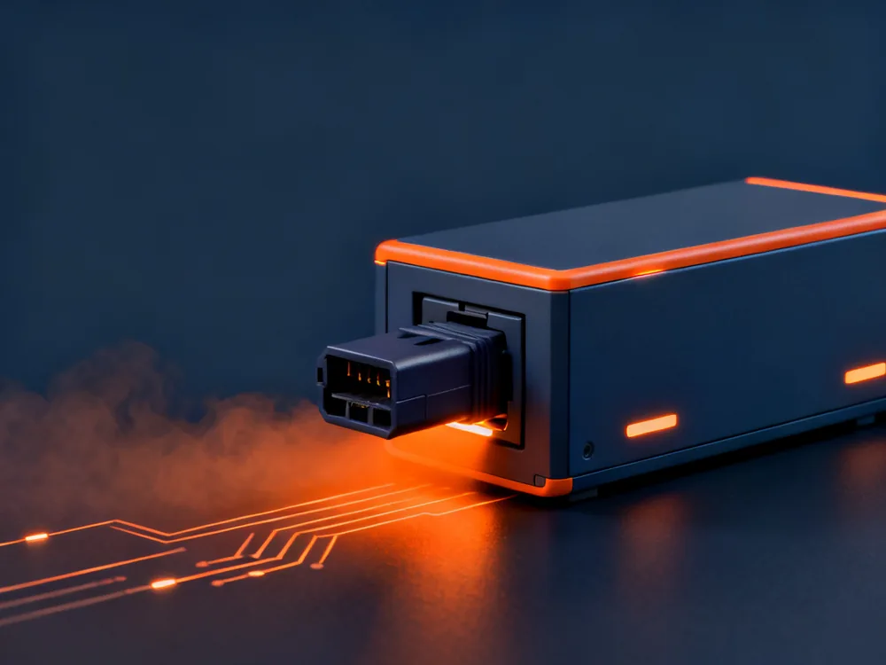 A dark connector plug module sliding into a socket bay on a server panel, orange light at the contact
